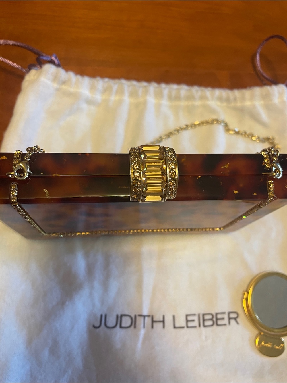 Judith Leiber Tortoise and Gold Crystal Minaudière Clutch - Picture 4 of 16